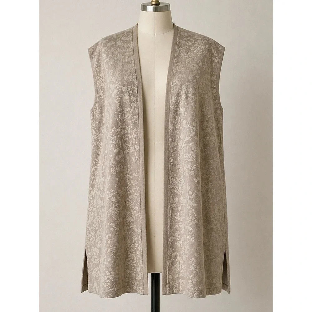 CHICO'S Reversible Open Sweater Vest XL Longer Neutral Floral Travel Work Office